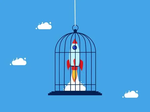 Innovation control. The rocket is stuck in a birdcage. concept of business Illustrazione stock