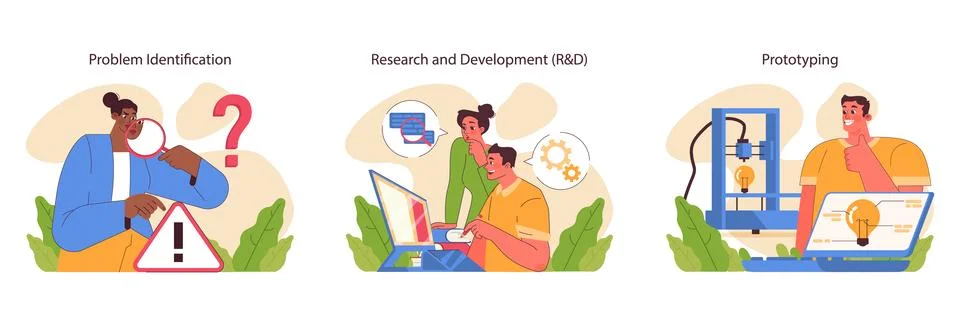 Innovation cycle set. Generation of a creative idea or business solution. Illustrazione stock