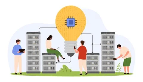 Innovation data technology, tiny people work on idea to connect light bulb and Illustrazione stock