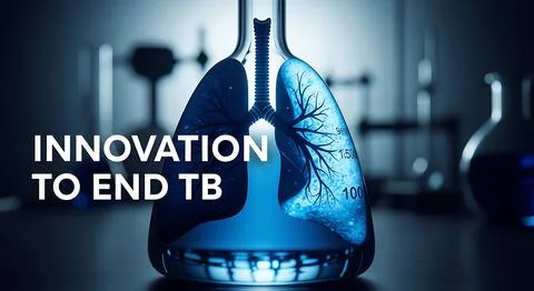 Innovation to end tb message displayed with glowing human lungs inside labo.. Ilustración de archivo