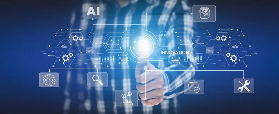 Innovation with Graphical User Interface Concept, businessman pointing on a v Stock Photos