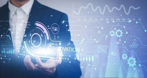 Innovation with Graphical User Interface Concept, businessman pointing on a v Stock Photos