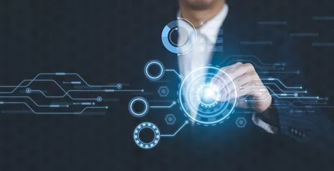 Innovation with Graphical User Interface Concept, businessman pointing on a v Stock Photos