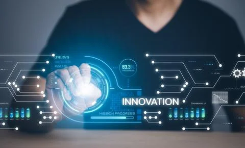 Innovation with Graphical User Interface Concept, businessman pointing on a v Stock Photos