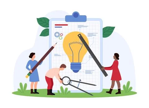 Innovation idea creation, teamwork on project design, tiny people create light 스톡 일러스트