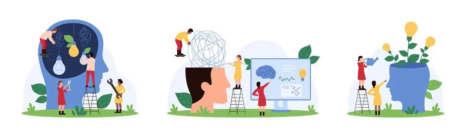 Innovation idea, positive mindset development set, tiny people simplify chaos to Stock Illustration