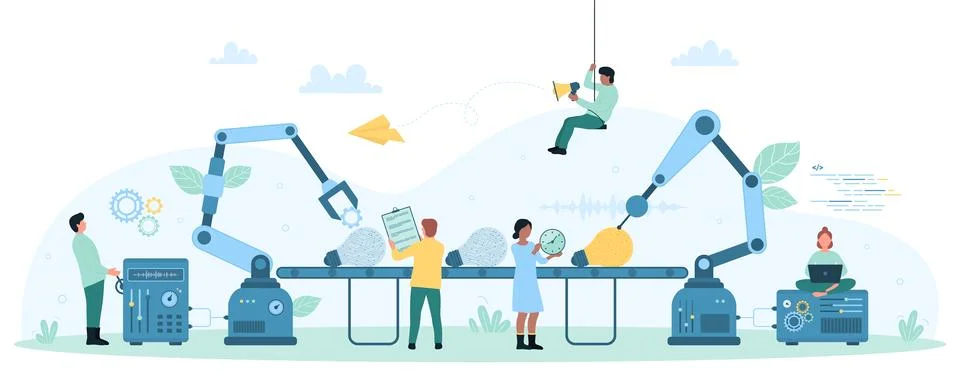 Innovation, new creative idea generation, tiny people work with factory conveyor Stock Illustration