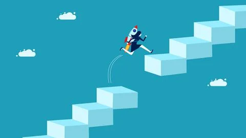 Innovation overcoming obstacles and problems. businesswoman with a rocket jum Stock Illustration