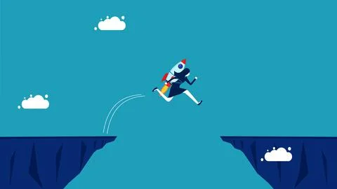 Innovation overcoming obstacles and problems. businesswoman with a rocket jum Stock Illustration