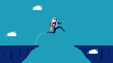 Innovation overcoming obstacles and problems. businessman with a rocket jumpi Stock Illustration