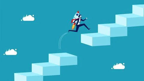 Innovation overcoming obstacles and problems. businessman with a rocket jumpi Stock Illustration