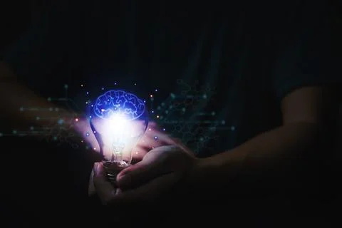 Innovation technology and creativity concept. Hands holding light bulb future Stock Photos