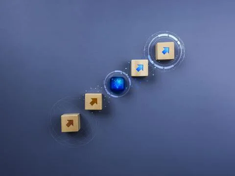 Innovation technology network concept. Arrow up icon on wooden blocks stackin Stock Photos
