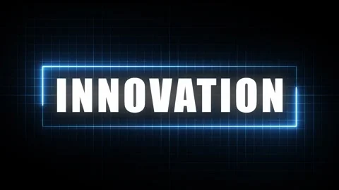Innovation text animation with a glowing blue neon frame on dark grid background Stock Footage 339877971