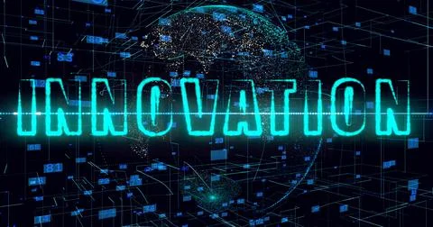 Innovation title, Animation of data processing over globe. Global artificial Stock Illustration