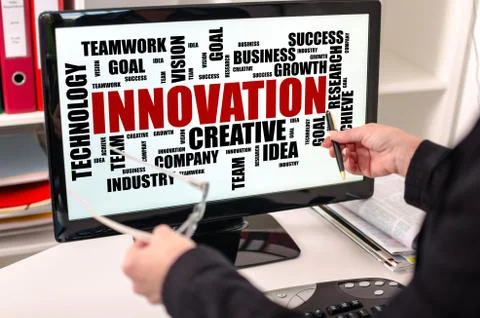 Innovation word cloud concept on a computer monitor Stock Photos