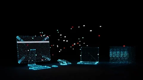 Innovation workplace. Data transfer between computer and cctv camera. Vidéo 302794634