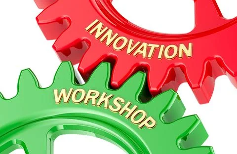 Innovation Workshop concept with colored gearwheels. 3D rendering Illustrazione stock