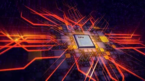 An innovative 3d illustration of a square CPU microprocessor put diagonally i Stock Illustration