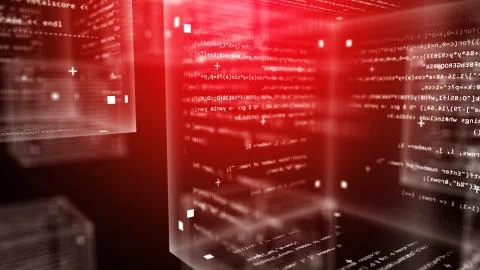 An innovative 3d illustration of transparent program code cubes flying in the Stock Illustration