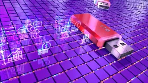 Innovative 3d illustration of two red flash drives lying on a cyber platform  Stock Illustration