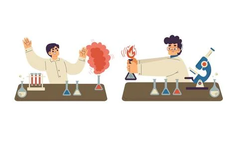 Innovative and Creative Scientists Engaging in Various Exciting Experiments in Stock Illustration