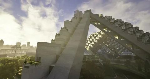 Innovative architectural structure surrounded by a vibrant urban landscape Stock Illustration