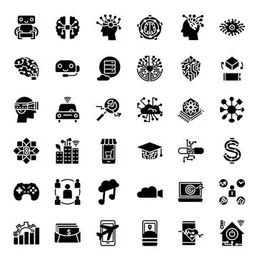 Innovative artificial intelligence and technology icon set in fill style. Stock Illustration