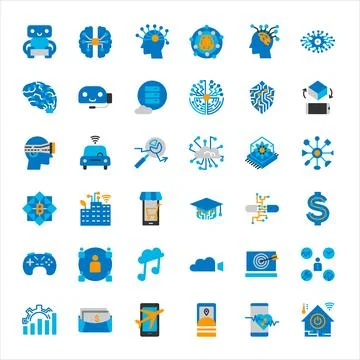 Innovative artificial intelligence and technology icon set in flat color styl Stock Illustration