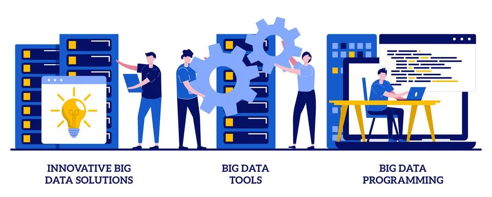 Innovative big data solutions, tools and programming concept with tiny peop.. Illustrazione stock