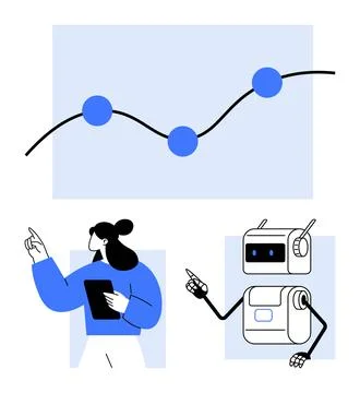 Innovative Collaboration between Humans and Robots Analyzing Data Trends Stock Illustration
