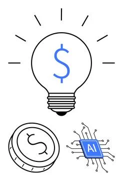 Innovative Concepts Light Bulb with Dollar Sign, Coin, and AI Processor Chip Stock Illustration