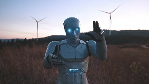 Innovative cybernetic human-like robot interacting virtual hologram animated Stock Footage 145007722