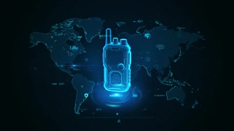 Innovative Digital Communication: Blue Glowing Walkie Talkie World Map Stock Footage 342203439
