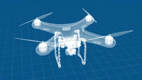 Innovative Drone Design Blueprint Featuring Transparent Structure Blue Stock Illustration