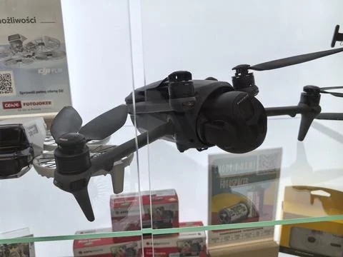 Innovative drone model displayed in modern showcase at tech exhibition Stock Photos