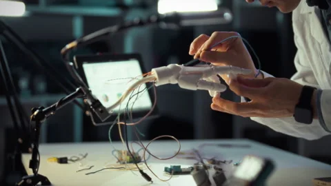 Innovative engineer assembles robotic hand prototype in modern workspace Stock Footage 323865468