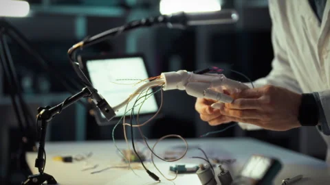 Innovative engineer assembling robotic hand in modern workshop environment Stock Footage 331297006