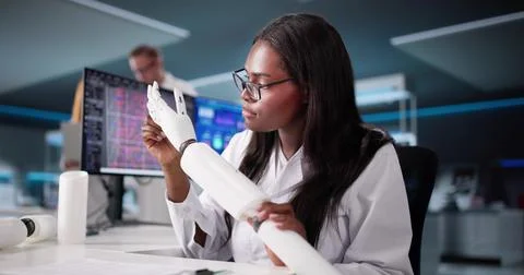 Innovative Engineer Designs High-Tech Prosthetic Arm For Diverse Team Stock Photos