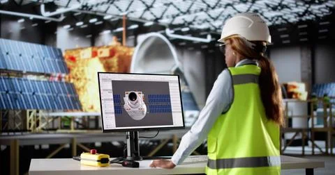 Innovative Engineer Designs A Satellite Model Using 3D CAD Software. Stock Photos
