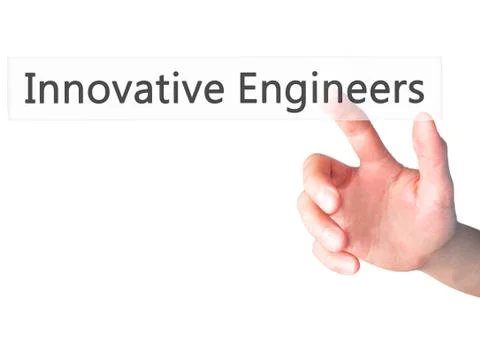 Innovative Engineers - Hand pressing a button on blurred background concept . Foto stock