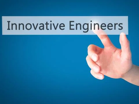 Innovative Engineers - Hand pressing a button on blurred background concept . Foto stock