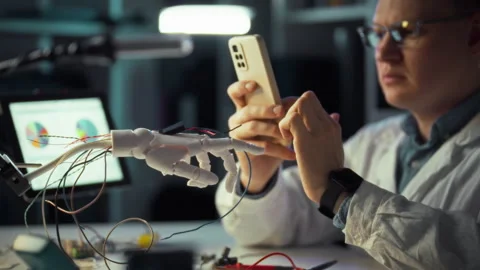 Innovative expert develops robotic hand while testing smartphone connectivit Video stock 331304531