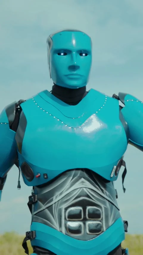 An Innovative Futuristic Blue Robot Set in an Outdoor Environment Displaying Stock Footage 305877777