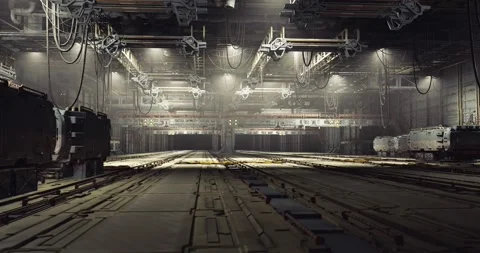 Innovative hub with illuminated pathways and robotic sorting units Stock Footage 333557697