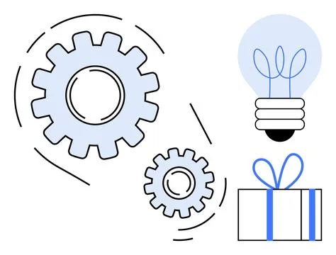Innovative Ideas and Solutions Concept with Gears, Light Bulb, and Gift Box Stock Illustration