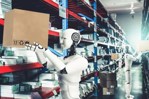 Innovative industry robot working in warehouse for human labor replacement Stock Illustration
