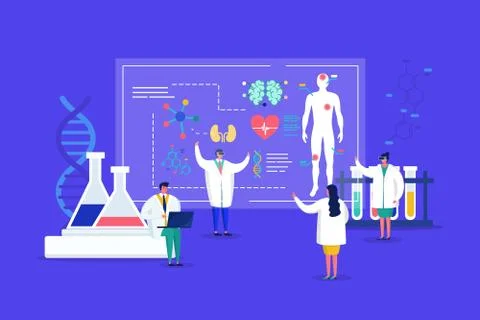 Innovative lab tiny people medics in 3d glasses conduct research, analyze human Stock Illustration