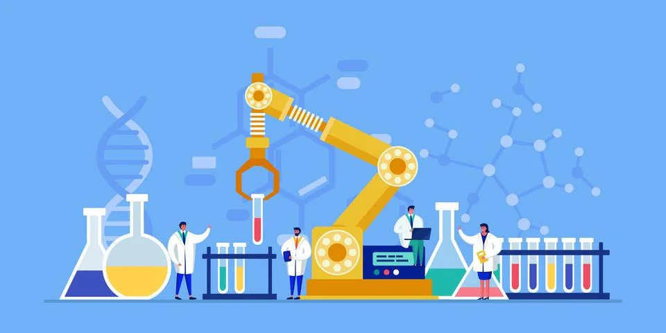 Innovative lab tiny people scientists conduct research, medical discovery for 스톡 일러스트