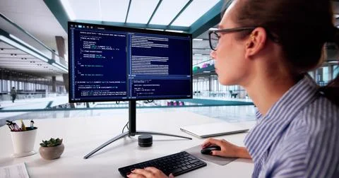 Innovative Lady Writing Code: A Portrait Of Female Software Engineer 写真素材